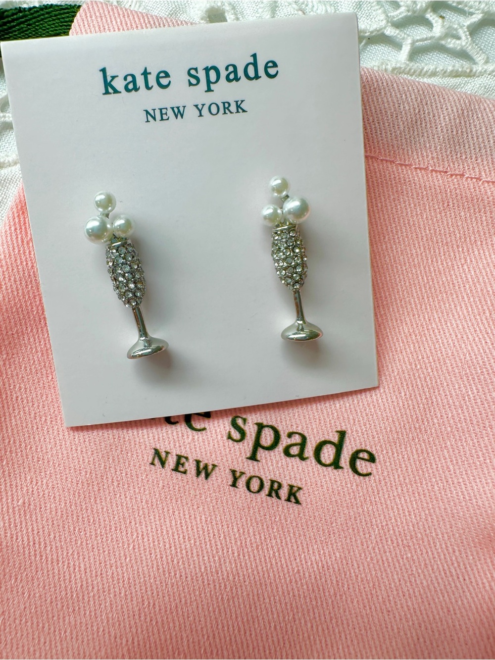 kate spade Silver-Tone Crystal & Pearl Champagne Flute Drop Earrings